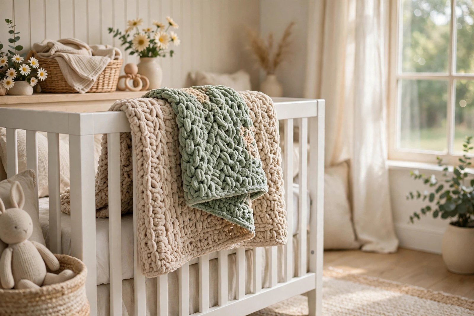 Soft hand crocheted baby blanket in oatmeal and sage chenille yarn folded over a white crib rail in a bright nursery