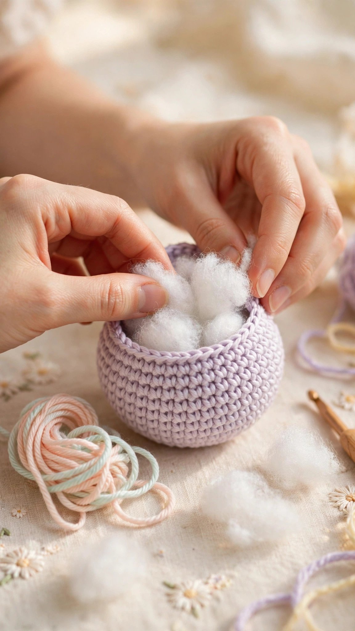 Hands stuffing a small crocheted amigurumi body with white polyester fiberfill