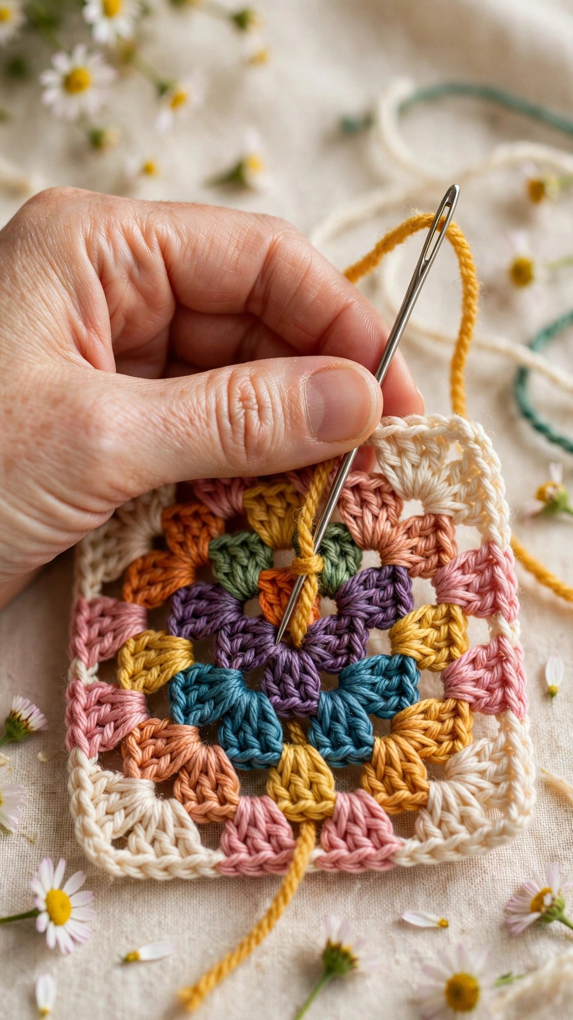 Tapestry needle weaving a yarn tail into the back of a finished granny square